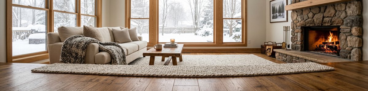 Warm wood floors and a thick rug in a Michigan living room, with snow outside the windows.