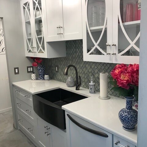 The flooring from Virginia Tile, Regency matte in Mica helps make the floor practical and sophisticated